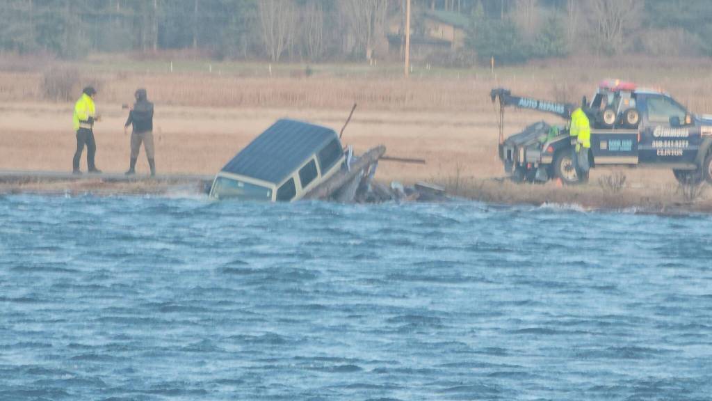 Photo by Mel Nasby. James Meek, deputy chief at Central Whidbey Island Fire and Rescue, said the vehicle can likely be written off as a total loss.