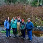 Photo by David Welton. From left, Marie Bergstrom of Whidbey Watershed Stewards, Emily Ruef, Paul Grubb, Lee Chavez and John Williamson of the Maxwelton Creek Alliance at the Rene Neff Maxwelton Outdoor Classroom.