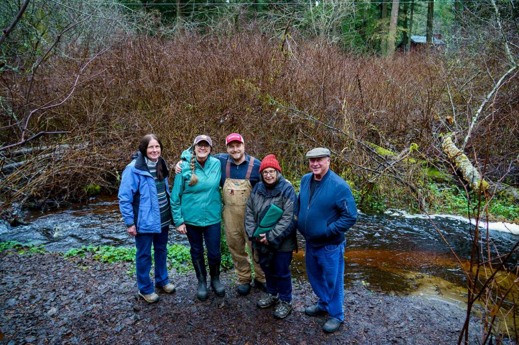Photo by David Welton. From left, Marie Bergstrom of Whidbey Watershed Stewards, Emily Ruef, Paul Grubb, Lee Chavez and John Williamson of the Maxwelton Creek Alliance at the Rene Neff Maxwelton Outdoor Classroom.