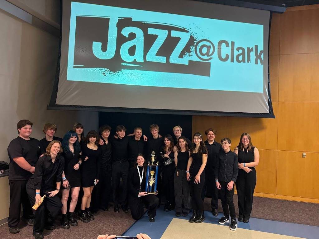 Photo provided. The 2025-2026 South Whidbey High School Jazz Ensemble celebrate their win at Clark College Jazz Festival.