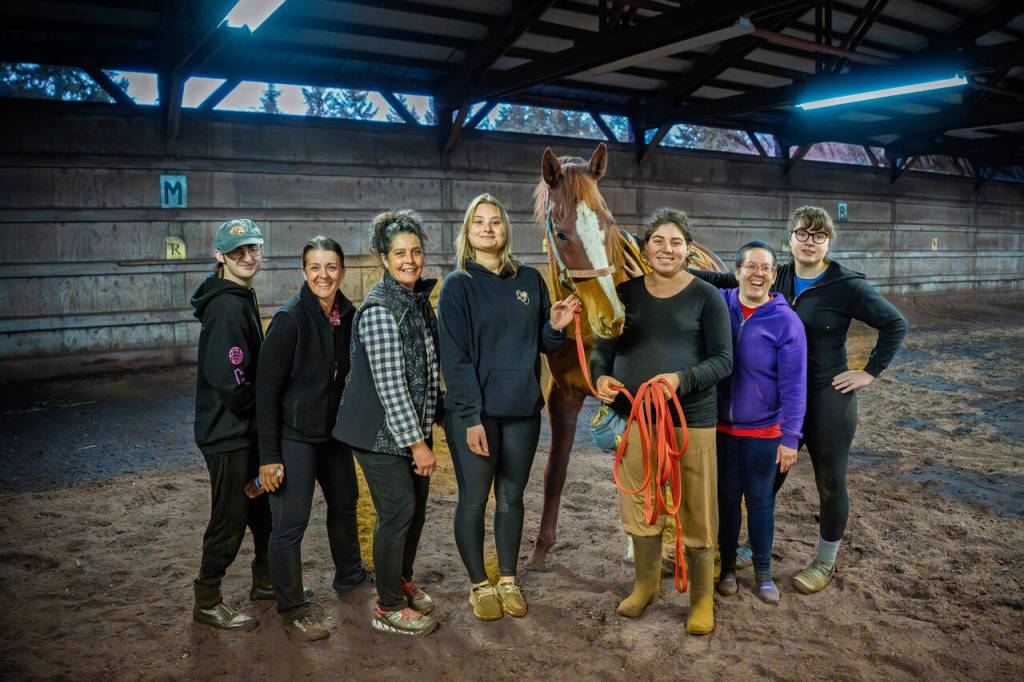 (Photo by David Welton) The Big Rhed Barn in Coupeville offers the only equestrian vaulting program currently on Whidbey Island. From left are Max Andrews, Kim Lymon, Jane Beau, Thora Iverson, Gal (the horse), Rhed Locke, Jordan Jones and Eileen Lidral.