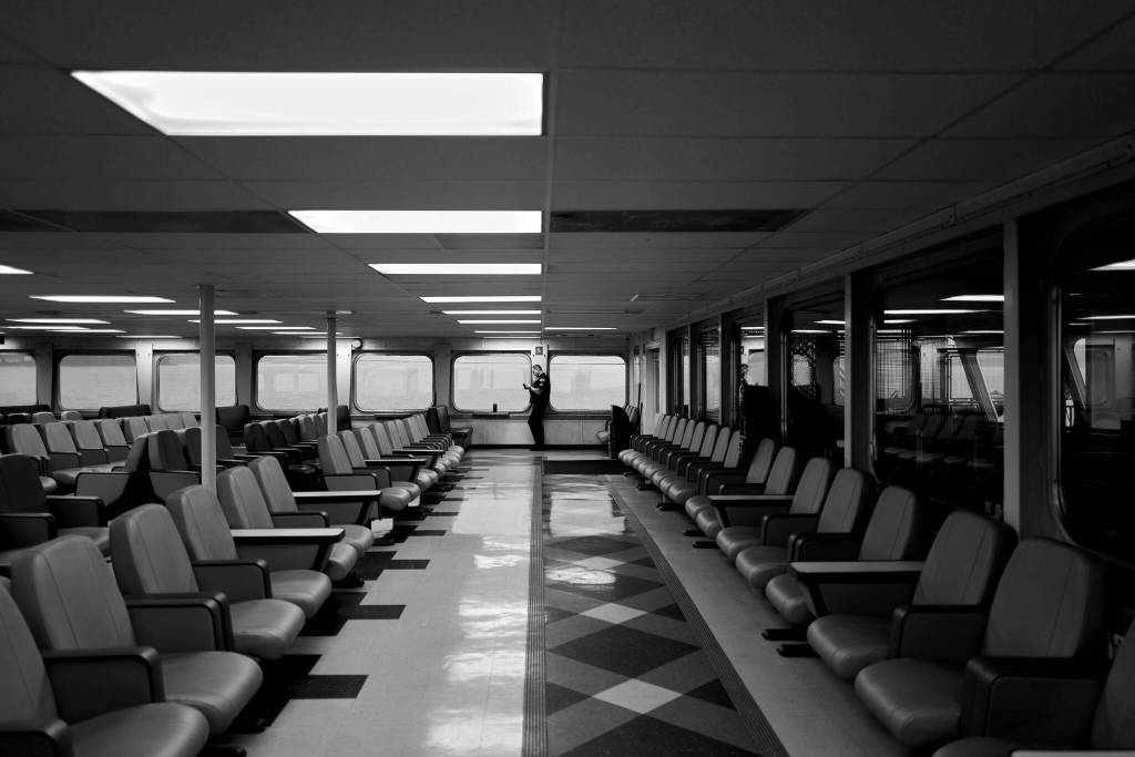 (Photo by Roddy Blelloch) Black-and-white photography shows the contrast on the ferry.
