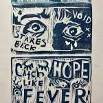 Photo and art by res plumata. Plumatas artwork titled instructions, is a linocut print; made by carving a design into a linoleum sheet, adding ink and then pressing it into paper.