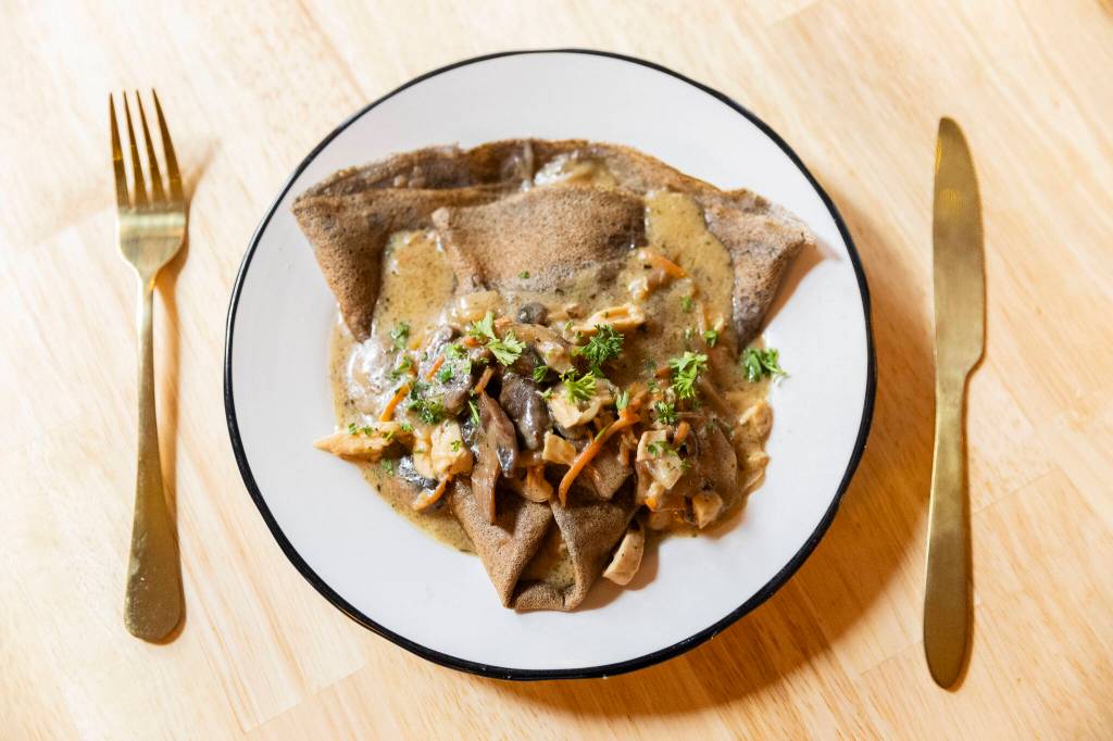 The brandy chicken crepe offered at Merriweather Creperie on March 12, 2026 in Langley. (Olivia Vanni / The Herald)
