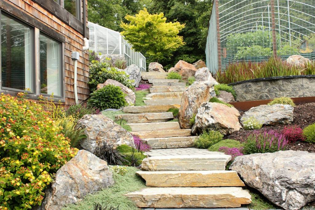 (Photo by Allyson Ballard) Accessibility features in the garden include numerous walkways, stairs with landings every few steps and slopes which can be ascended if stairs are proving too difficult.